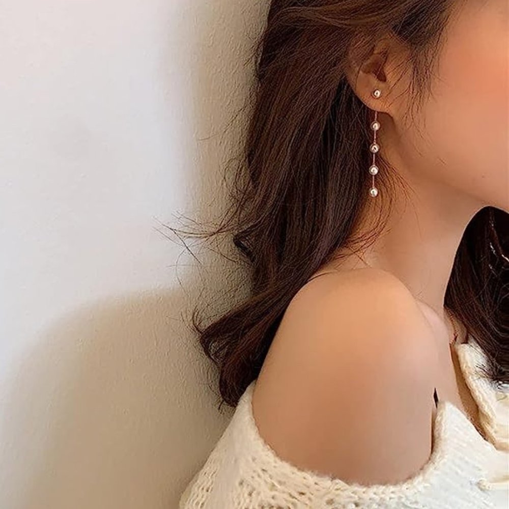 4" Long Pearl Gold Chain Earrings Bridal Bride Chains Faux Pearls Weddin…